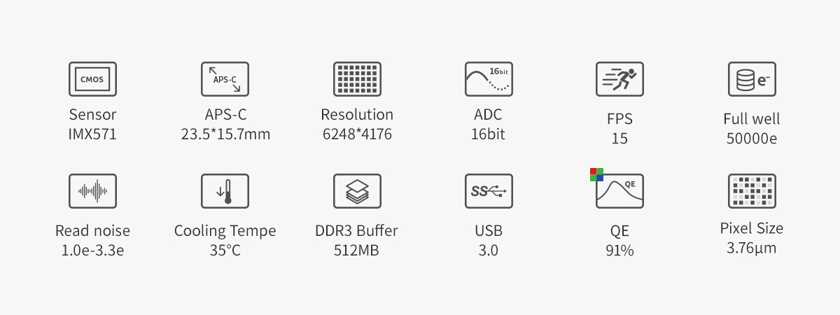   The ASI2600MC Duo combines imaging and guiding sensors in one compact body. The main sensor is the Sony IMX571 coming with a native 16-bit ADC,14stops dynamic range, and a 3.76um square pixel array.  [EN]  