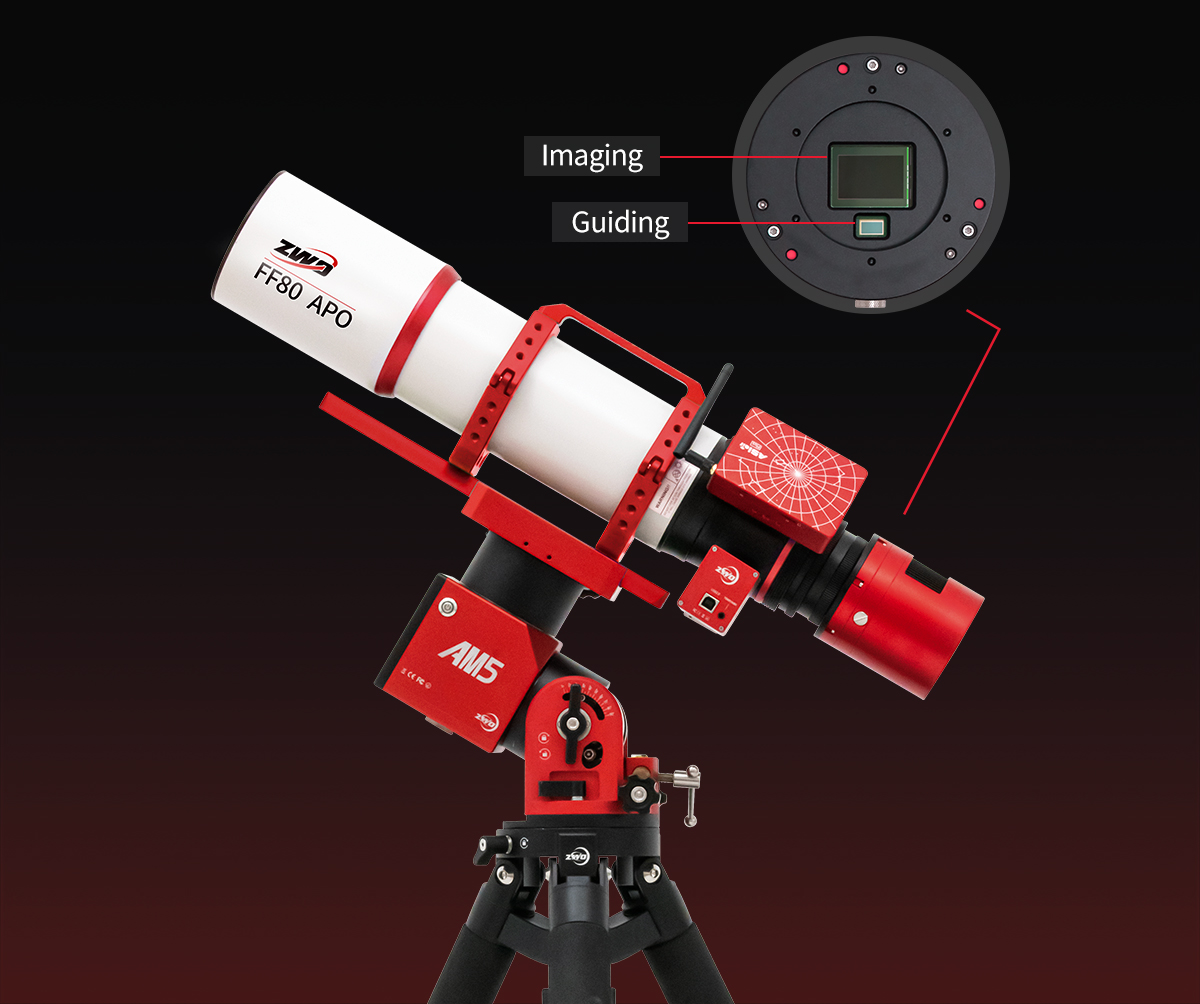   The ASI2600MC Duo combines imaging and guiding sensors in one compact body. The main sensor is the Sony IMX571 coming with a native 16-bit ADC,14stops dynamic range, and a 3.76um square pixel array.  [EN]  